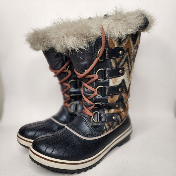 Sorel Tofino Winter Boots Waterproof Black Tan Chevron Womens Size 8 Faux Fur - Picture 2 of 12